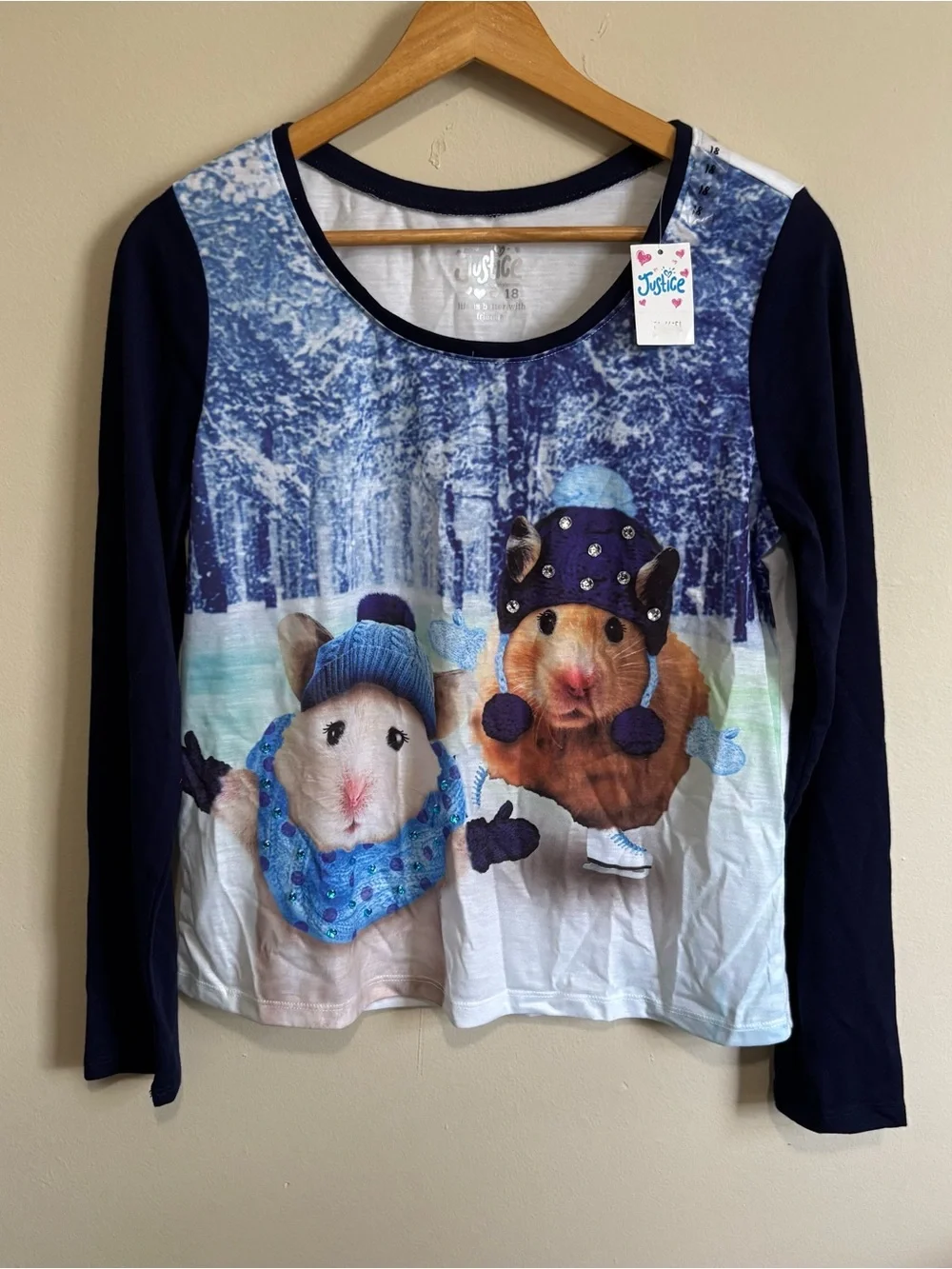 Justice Girls Size 18 Winter Hamster Ice Skating Rhinestone Graphic Tee NWT